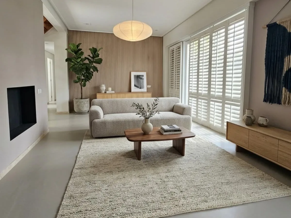 Lichtgrijze gietvloer in woonkamer met houten meubels
